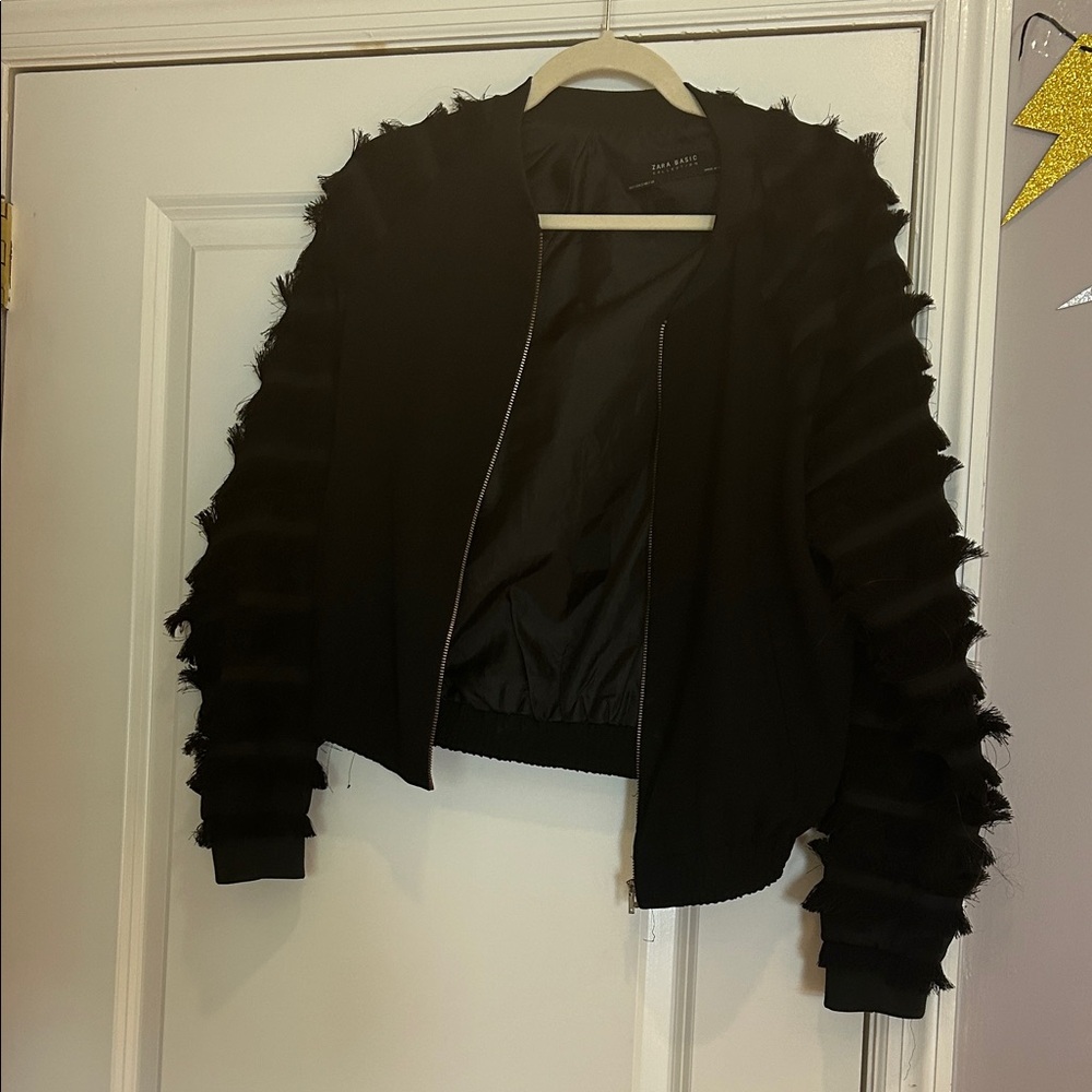 Zara Black Bomber Jacket with Textured Sleeves